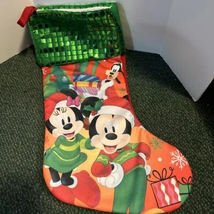Disney Mickey and Minnie Mouse Christmas Stocking 17.5" Green Sequin Cuff - Picture 1 of 4