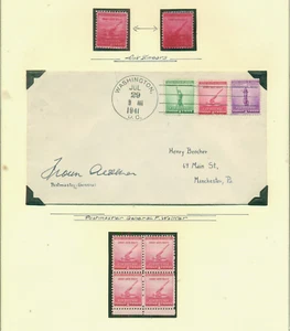 US #900, 2¢ Defense, HEAVY INK SMEAR ERRORS & Block and FDC on page, VF - Picture 1 of 1