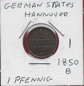 DEUTSCHE STAATEN HANNOVER 1 PFENNIG 1850-B HERRSCHER:ERNST AUGUST,GEKRÖNTES MONOGRAMM,B BE - Bild 1 von 2