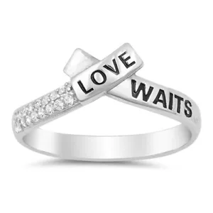 White CZ "Love Waits" Word Script Promise Ring Sterling Silver Band Sizes 4-10 - Picture 1 of 4