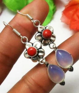 Opalite Coral Gemstone Dangle Earrings 925 Silver Overlay U207-A57 - Picture 1 of 1