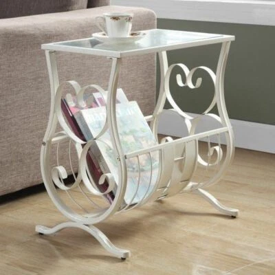 White Metal Tempered Glass Top Accent Table Magazine Rack End Bed Side Scroll - Image 1 of 2