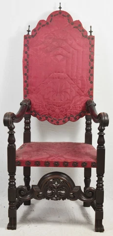 Antique William & Mary Mahogany Chair w. Spanish Feet Ornate Carvings Damask Cover