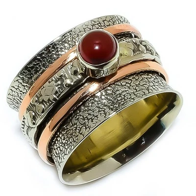 Anillo Natural Dos Tonos - Piedras Preciosas Cornalina Plata de Ley 925 Talla 6.5 Y068 Foto 1 de 4