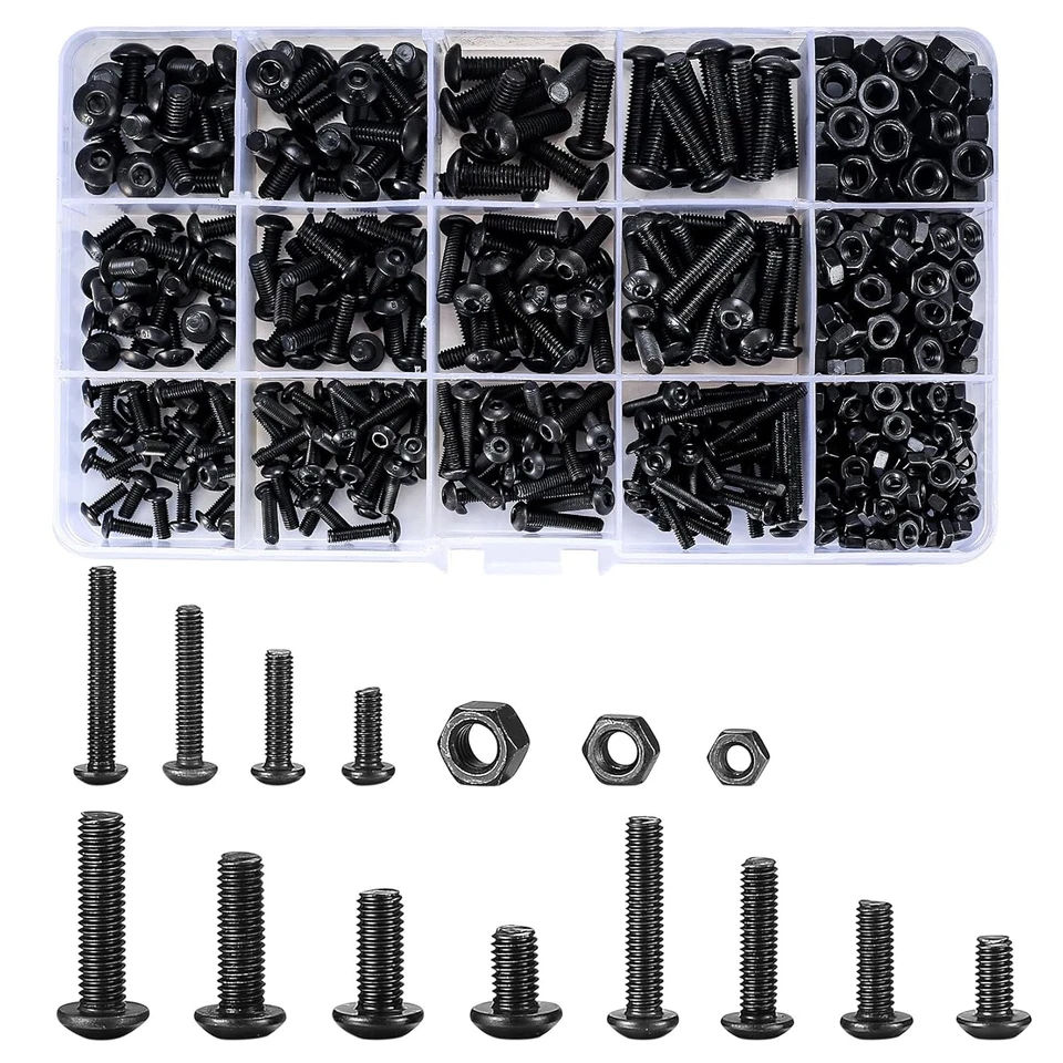 CENTS MATTER 500 Pcs Nuts and Bolts Assorted Set, Black Hex Socket Head Cap Screws A