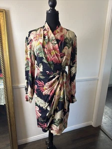 DANA BUCHMAN Floral 100% Silk Dress Sz 6 Faux Wrap Midi Long Sleeve Coconut Girl - Picture 1 of 19
