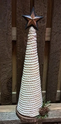 12"H PRIM RUSTIC FARMHOUSE CORDED WINTER/XMAS TREE DBL RUSTY STAR  WOODEN BASE - Image 1 of 2