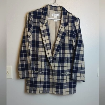 Blazer Vintage Lino Tostado y Azul a Cuadros Hecho en EE. UU. Petite 12 Foto 1 de 4