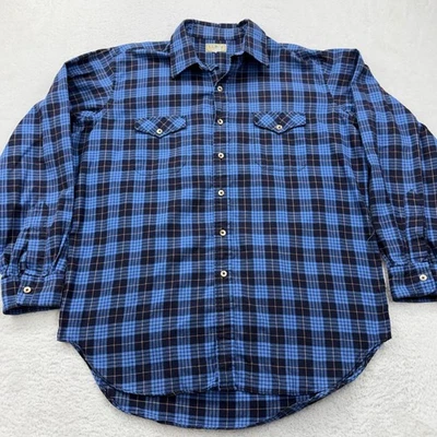 复古 LL Bean 格子法兰绒纽扣衬衫男式 XL 蓝色黑色长袖休闲 — 第 1/4 张图片