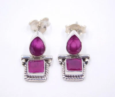 3.90 GM Lab-Created Rubino Taglio Pietra 925 Argento Sterling a Lobo Orecchini - Immagine 1 di 4