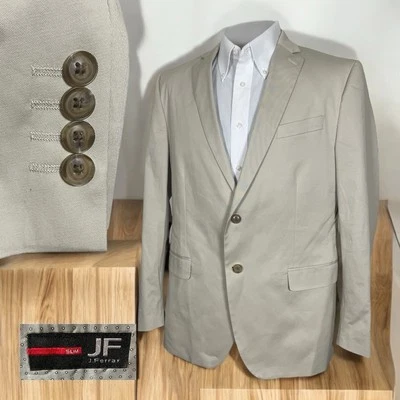 J Ferrar Blazer Jacket Mens 42R 44R Light Tan Cotton Double Vented Two Buttons - Image 1 of 4