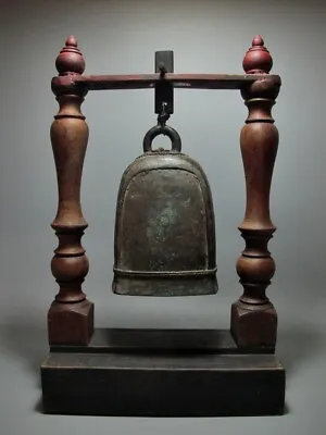 Vintage Bronze Bell Of Elephant & Wood Stand Top Spigot Figure 19/20th C • 720$