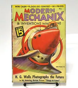 VINTAGE MAY 1936 MODERN MECHANIX MAGAZINE AIRPLANE H.G. WELLS GREAT COVER ART - Foto 1 di 4