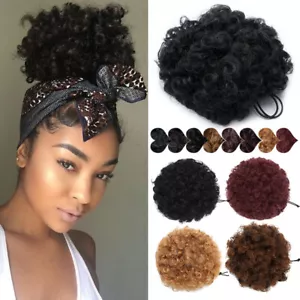 Afro Kinky Curly Hair Bun Short Drawstring Ponytail Clip In Bangs Black Women US - Picture 1 of 75