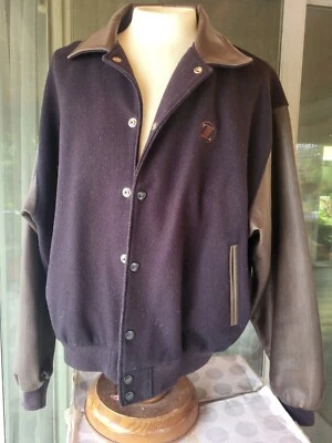 Golden Bear Bomber Black Wool Brown Leather Sleeve Varsity Jacket XL - Image 1 of 4