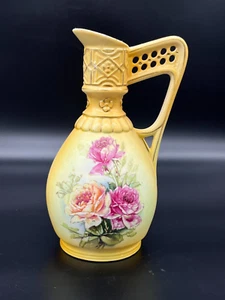 Jarra de porcelana antigua Austria victoriana romántica rosa amarilla mango dramático - Imagen 1 de 16