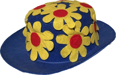 BLUE CLOWN DAISY DERBY HAT Costume Cap Funny Adult Bowler Yellow Flowers Mime  - Image 1 of 4