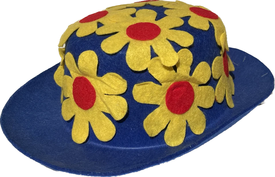 BLUE CLOWN DAISY DERBY HAT Costume Cap Funny Adult Bowler Yellow Flowers Mime  - Image 1 of 4
