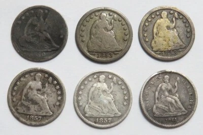 (6)1853 ARRORS-1861 SILVER USA HALF DIMES SEATED LIBERTY CIRCULATED COIN LOT - Image 1 of 2