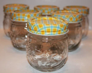 6 Vtg - 8 oz. Kerr Embossed Fruit & Flower Jelly Canning Jars -Tin Lids & Rings - Picture 1 of 9