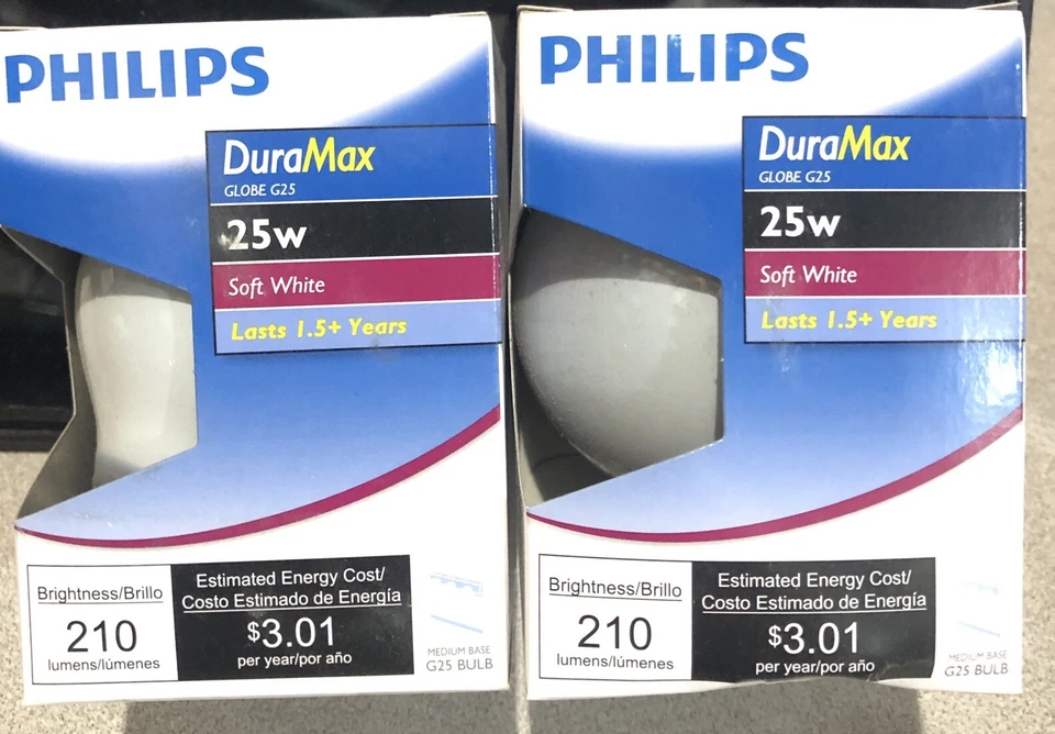 2 Pack Philips DuraMax 25w Soft White Medium G25 Globe Light Bulb New - Image 1 of 1