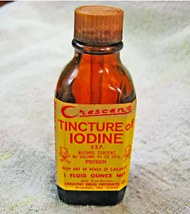 VINTAGE Tincture Iodine, Crescent Drug, Brown Glass Bottle W/Applicator 1/3 Full - Picture 1 of 5
