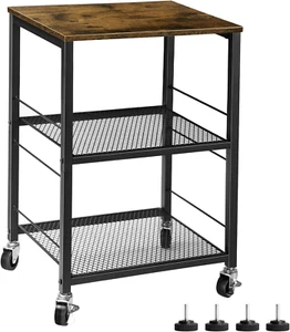 Side Table Small with Wheels Industrial Night Stand Storage Shelf 3 Tier Wood En - Picture 1 of 8