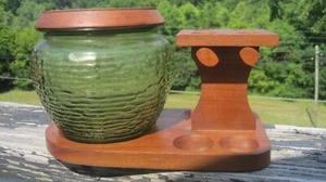 Vtg Fairfax Pipe Stand With Green Glass Humidor With Lid 5.5" T - Picture 1 of 13