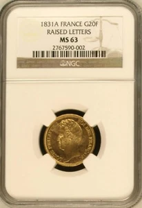 FRANCE , GOLD 20 FRANCS 1831 A - NGC MS 63 - RAISED LETTERS , RARE12 - Picture 1 of 2