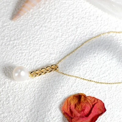 L06 Rimorchio Staffa IN Ottica di Catena Dolce Perla Argento Sterling 925 Dorato - Immagine 1 di 4