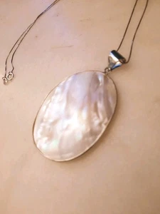 Vintage Sterling Silver 925 Shell Oval Pendant Necklace - Afbeelding 1 van 5