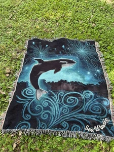 Sea World Tapestry Woven Throw Blanket Coverlet Cotton Shamu Killer Whale Orca - Picture 1 of 5
