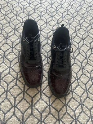 Zapatos Oxford Prada Punta de Ala Brogue Derby Zapatos Borgoña con Negro  Foto 1 de 4