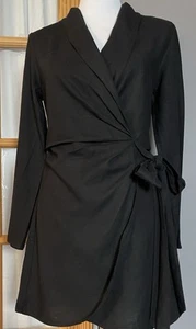 H&M Linen Blend Wrap Mini Dress Women’s Sz S Black Side Tie Gothic Minimalist - Picture 1 of 15