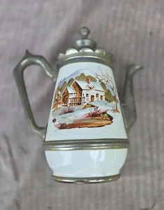 Vintage / Antique Victorian Hand Painted Enamel & Pewter Teapot - Picture 1 of 10