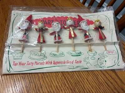 6 MARY'S Party-Toppers Vintage Christmas Cupcake Cake Decorations Japan NOS - Image 1 of 4