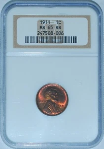 1911 NGC MS65RB Red and Brown Lincoln Wheat Cent - Picture 1 of 2
