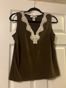 Judith Hart Woman's Petites Size PL Brown w/ White Lace V-Neck Tank Top EUC - Picture 1 of 5