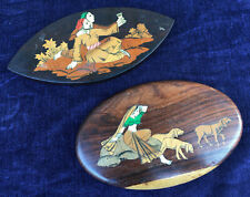 Pair of Antique Indian Rosewood Marquetry Inlay Bone Hand Coloured Wall Plaques