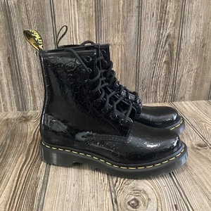 Dr Doc Martens Womens Black Patent Leather Leopard Embossed Boots Size 6 NEW - Picture 1 of 11