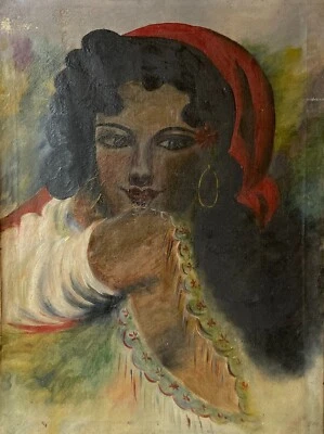 Quadro A Naiv Ritratto Donna con Rossa Foulard 64 X 47,5 CM Danneggiata Anonimo - Bild 1 von 4