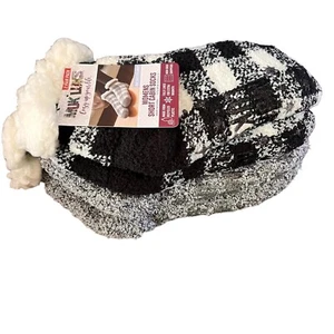 Muk Luks Womens 2 Pair Short Sherpa Cabin Socks Black Plaid Slippers No Skid E1 - Picture 1 of 4