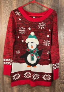 No Boundaries Ugly Christmas Sweater- Penguin in Scarf & Hat w/Snowflakes-Size M - Picture 1 of 11