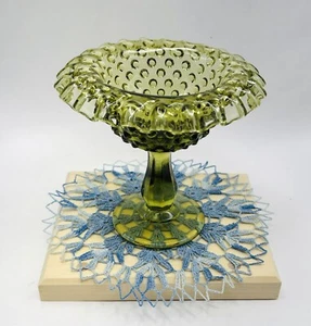 Vintage Fenton Green Hobnail Glass Compote Rolled Rim - Picture 1 of 6