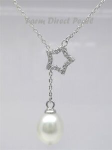 925 Sterling Silver Star Lariat White Pearl Pendant Necklace Genuine Freshwater