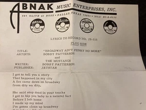 Bobby Patterson & The Mustangs Text Promo Blatt Broadway Ain't Funky No More - Bild 1 von 3