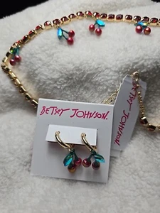 Betsey Johnson Gold Tone & Red Crystal Necklace With Cherry Charms NWT & Earring - Picture 1 of 10