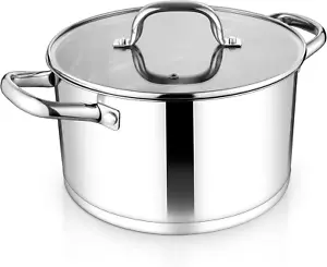 6QT Stainless Steel Stock Pot, Tri-Ply Base Cooking Pasta Sauce Soup Pot with Gl - Picture 1 of 7