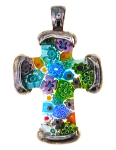 Signed Millefiori 925 Sterling Silver Multicolor Glass Cross Pendant - Picture 1 of 12