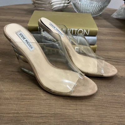 Sandálias Steve Madden Evolve biqueira aberta clara Lucite salto cunha mula bomba tamanho 9.5 - Imagem 1 de 4